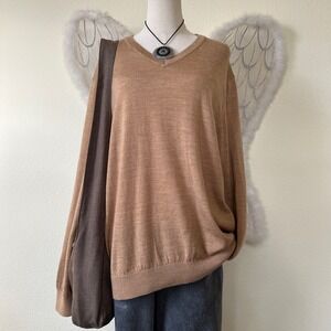 Minimal Oversized XL Tan Merino Wool Blend V Neck Long Sleeve Sweater Classic